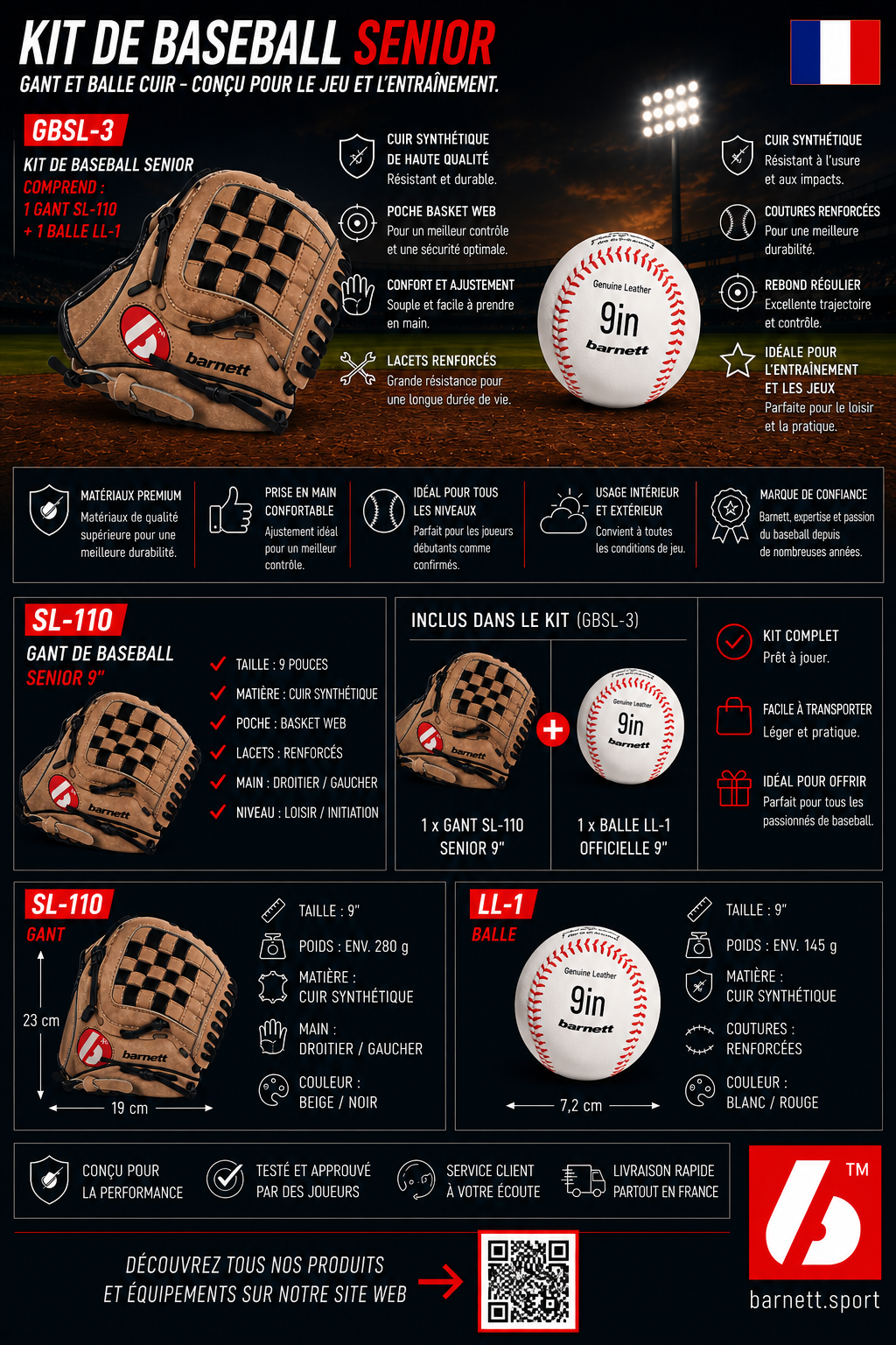 GBSL-3 Kit de baseball gant et balle senior cuir (SL-110, LL-1)