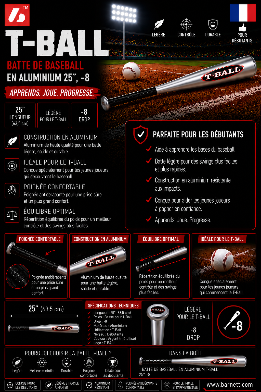 T-BALL Batte de baseball aluminium, 25, gris métal -8