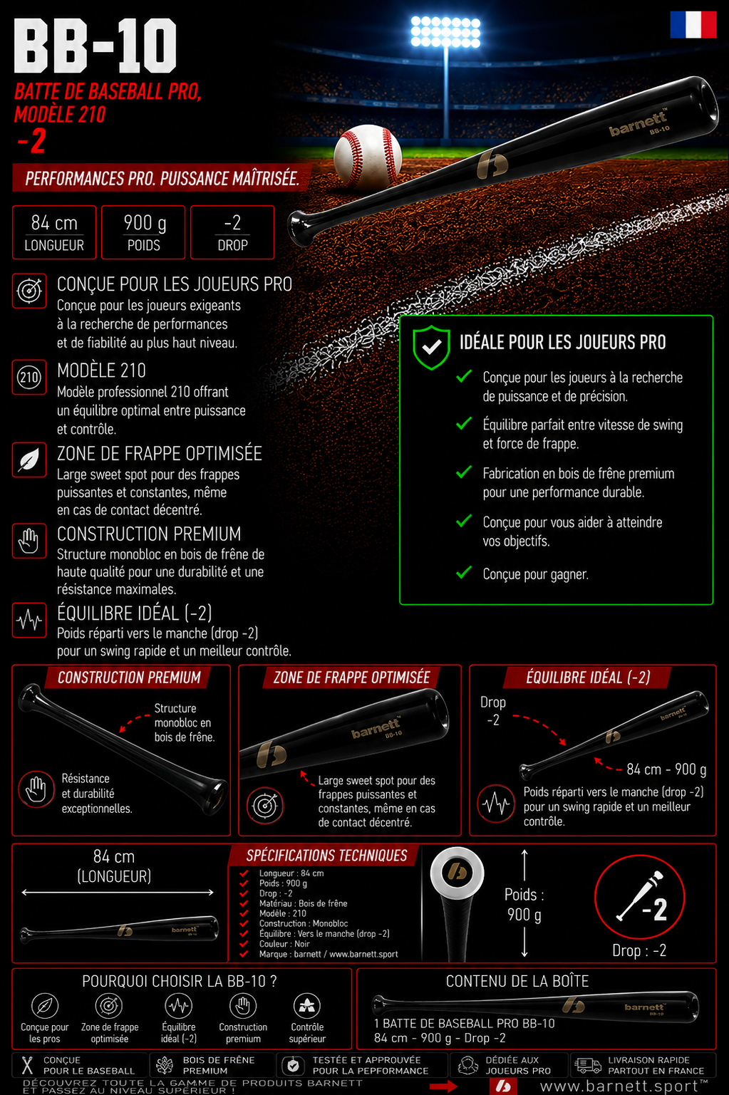 BB-10 Batte de baseball pro, modèle 210, -2