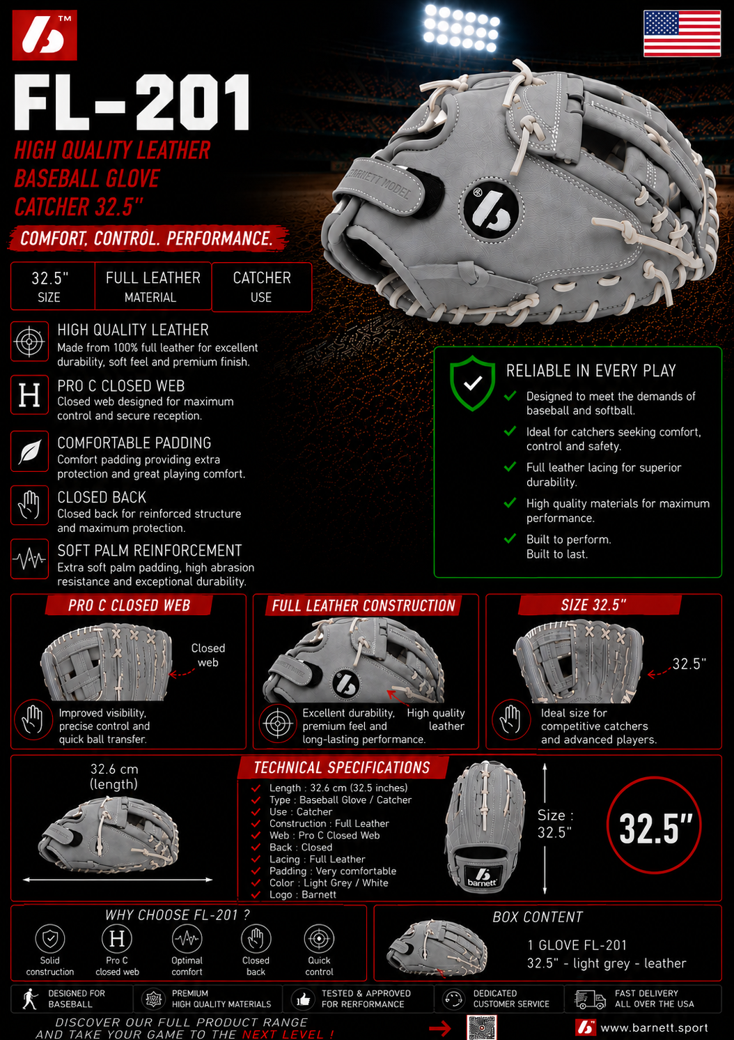FL-201 gant de baseball cuir haute qualité catcher, gris clair