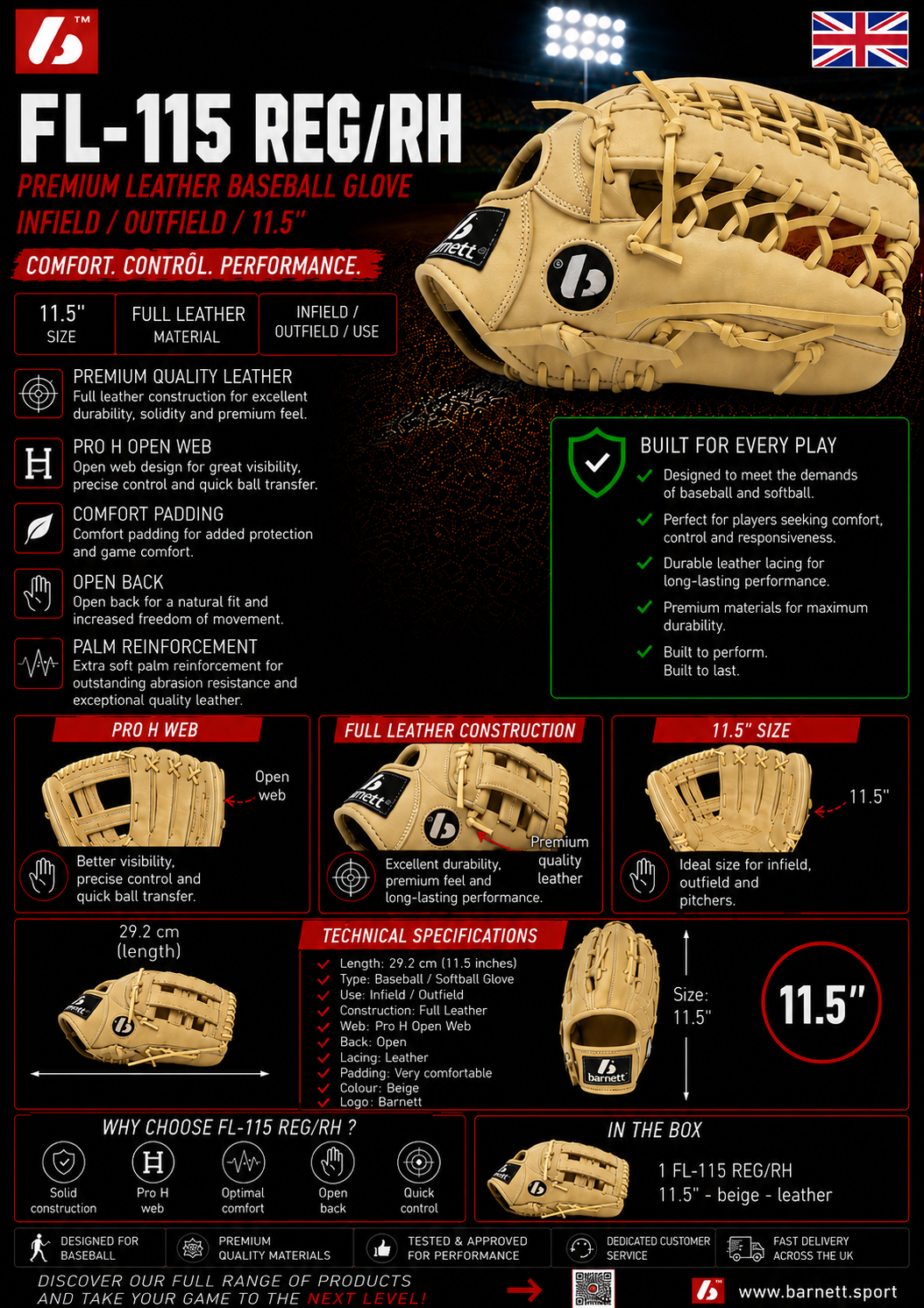 FL-115 Visokokakovostna usnjena baseball rokavica, za notranje/zunanje polje, 11,5" bež