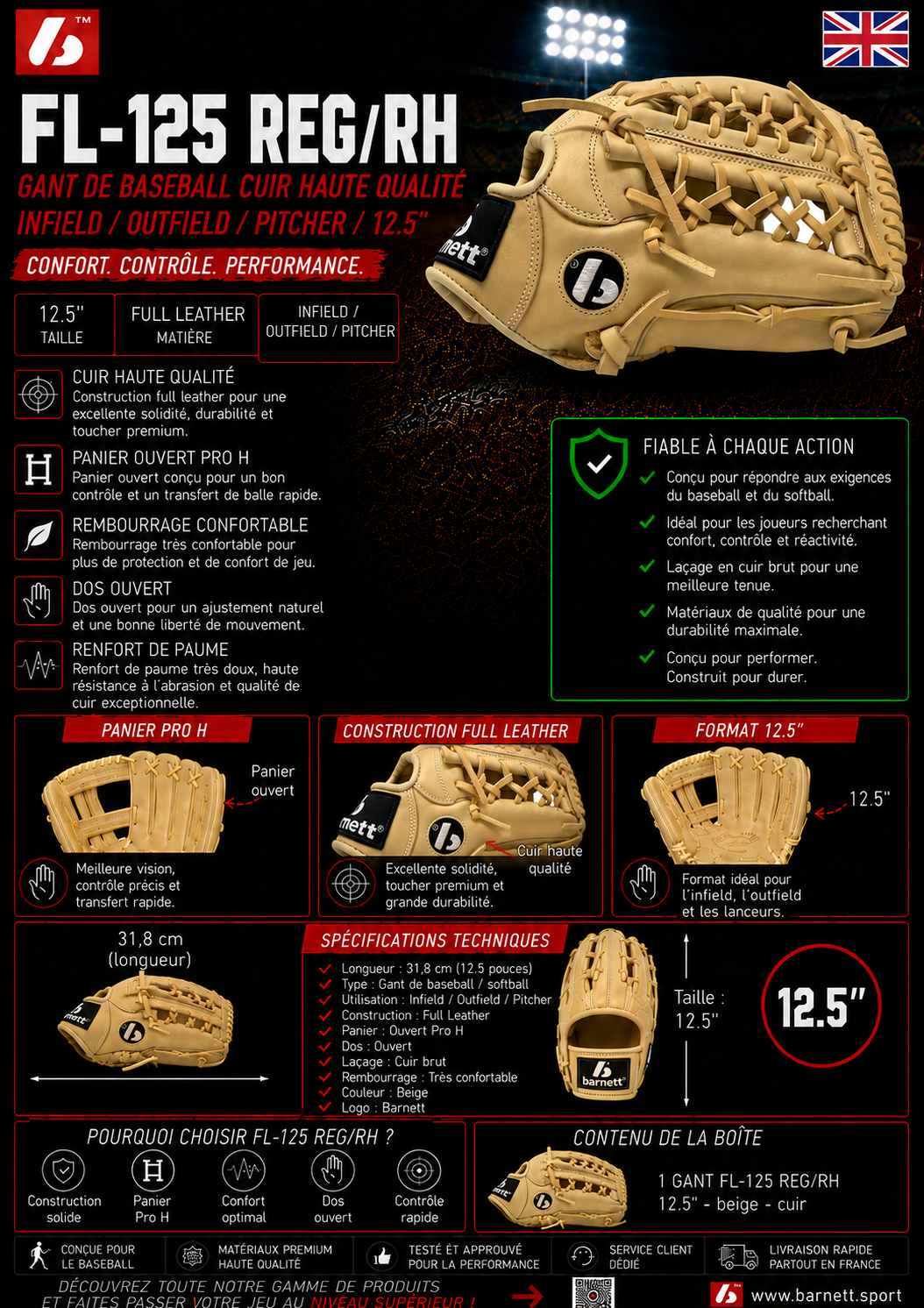 FL-125 gant de baseball cuir haute qualité infield/outfield/pitcher, 12.5" beige