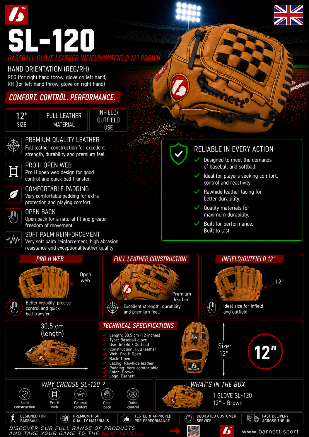 Usnjene baseball rokavice SL-120 za notranje/zunanje polje, 12" rjave barve