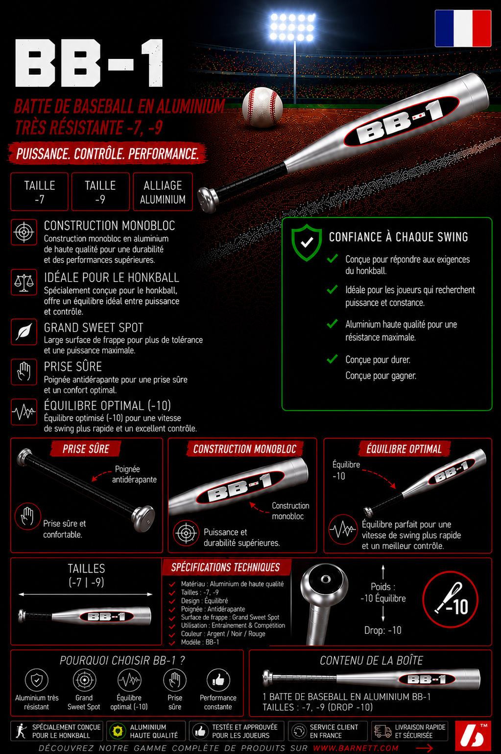 BB-1 Batte de baseball en aluminium très résistante -7, -9