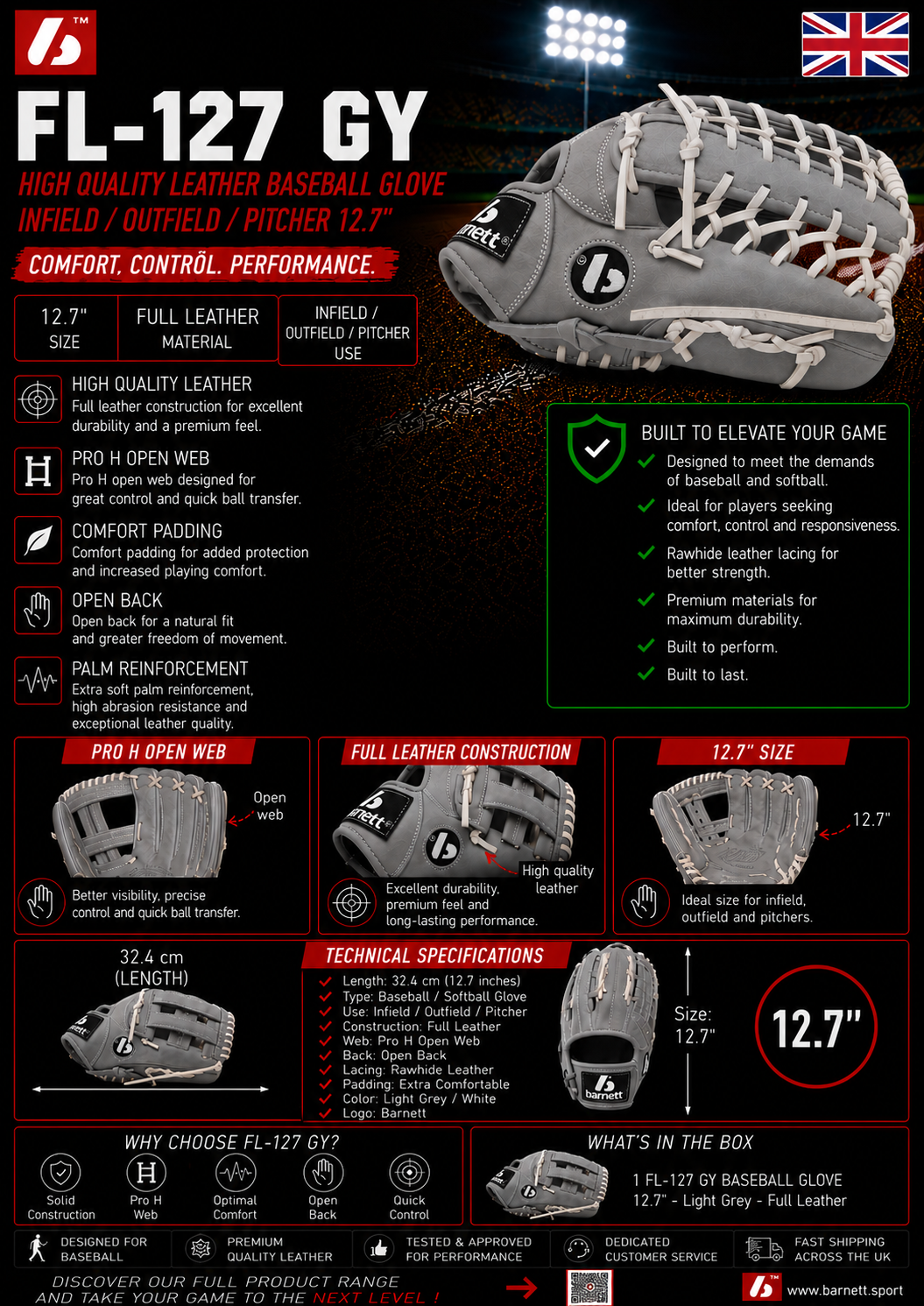 FL-127 gant de baseball cuir haute qualité infield/outfield/pitcher, 12.7" gris clair