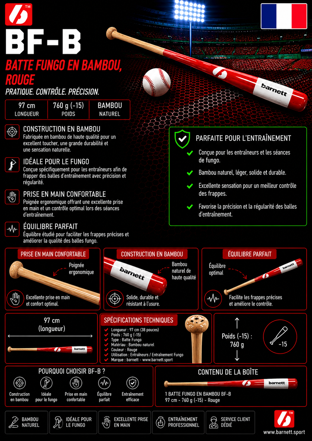 BF-B Batte Fungo en Bambou, Noir -14