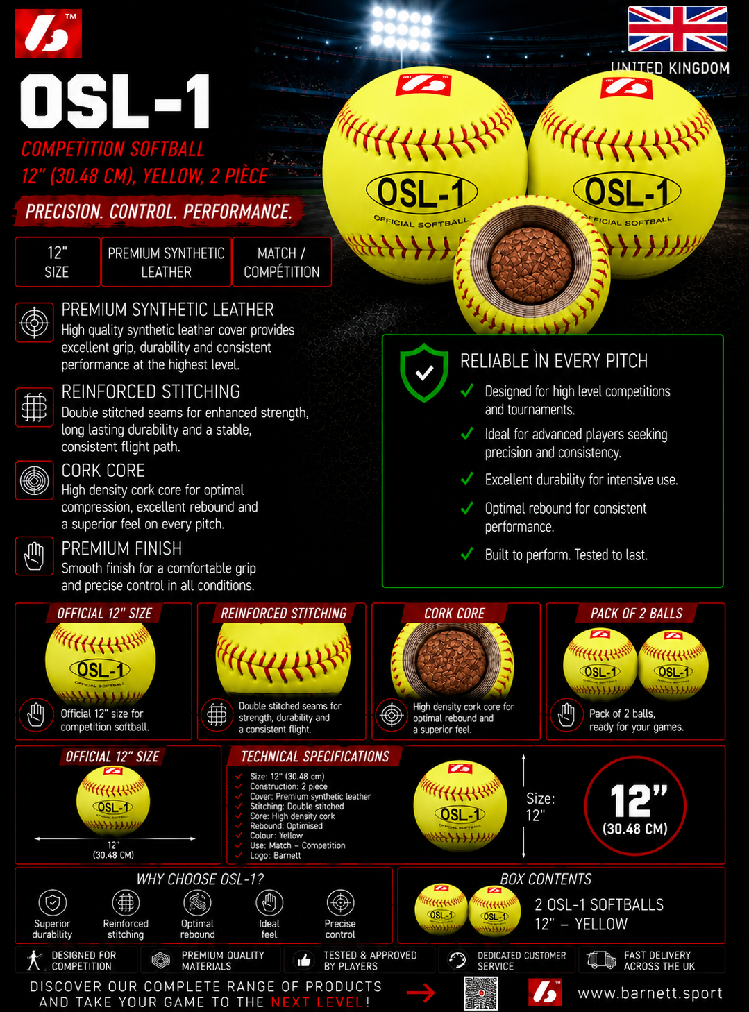 OSL-1 balle de compétition softball, 12'', jaune 2 pièces