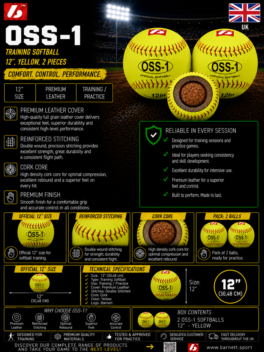 OSS-1 balle de softball entraînement, 12'', jaune, 2 pièces