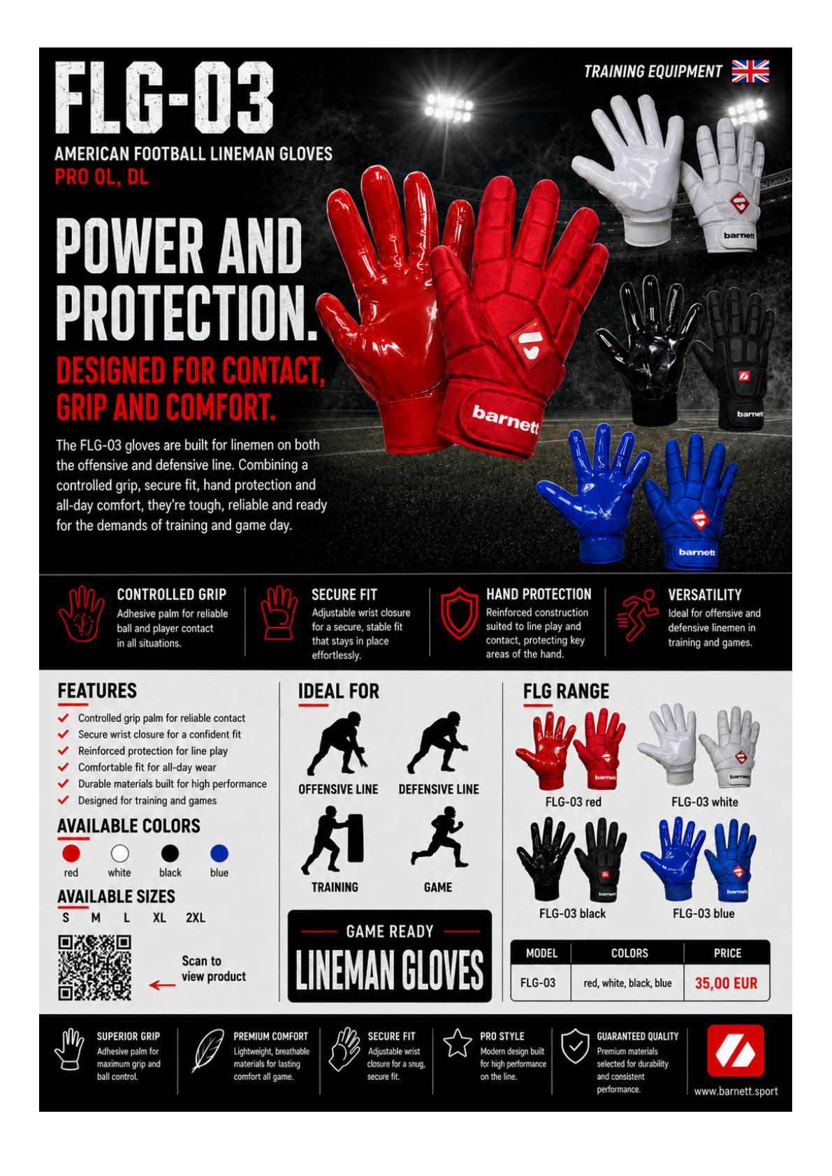 Rokavice za ameriški nogomet FLG-03 Linemen Pro, OL, DL, črne