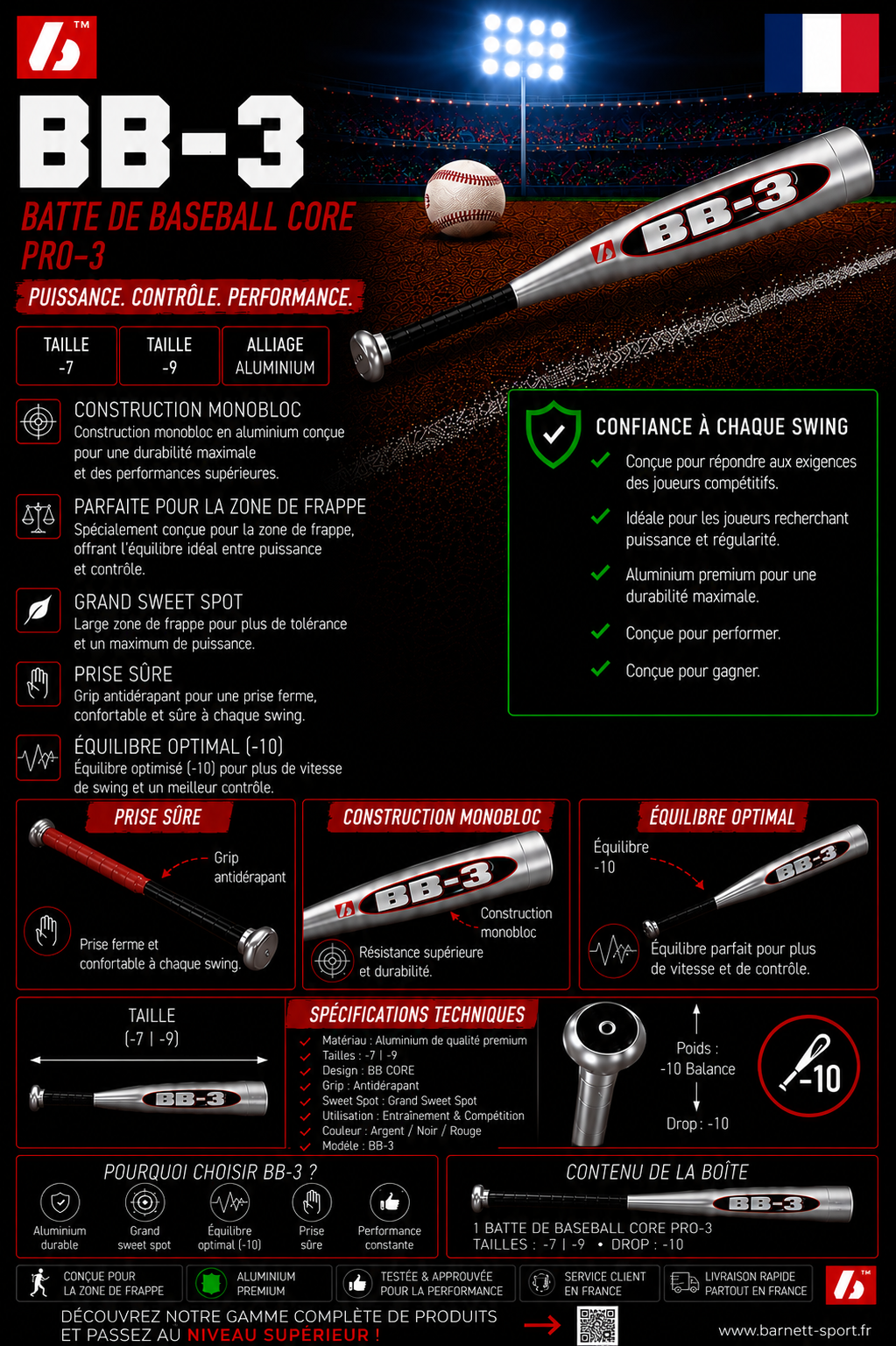BB-3 BB CORE Batte de baseball pro -3