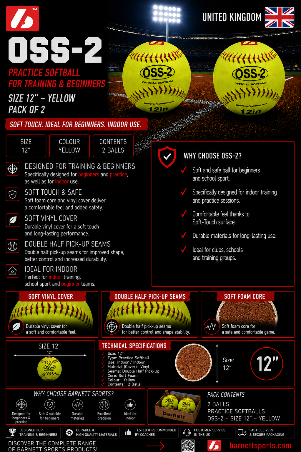 OSS-2 12" softball žoga za začetnike, rumena, 2 kosa
