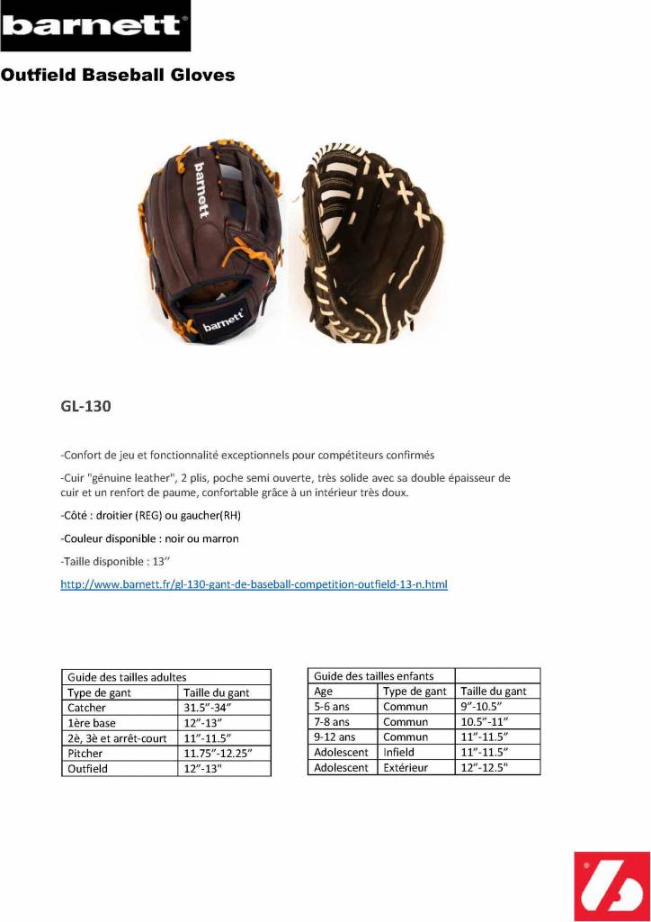 GL-130 gant de baseball, compétition, outfield 13" Noir