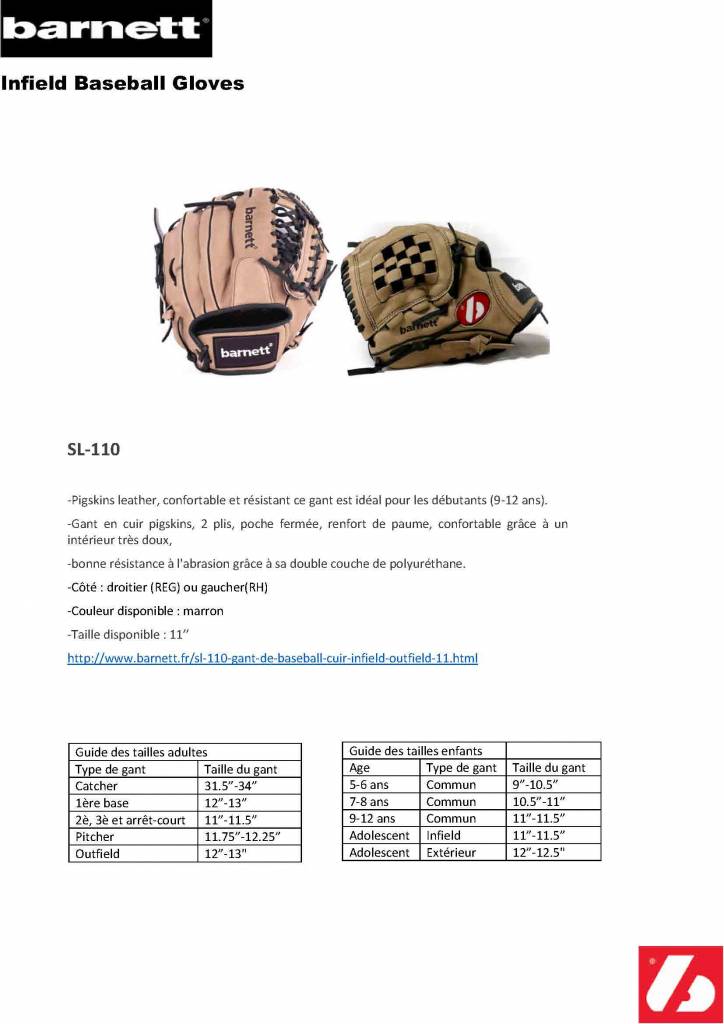 SL-110 gant de baseball cuir infield/outfield 11, Marron