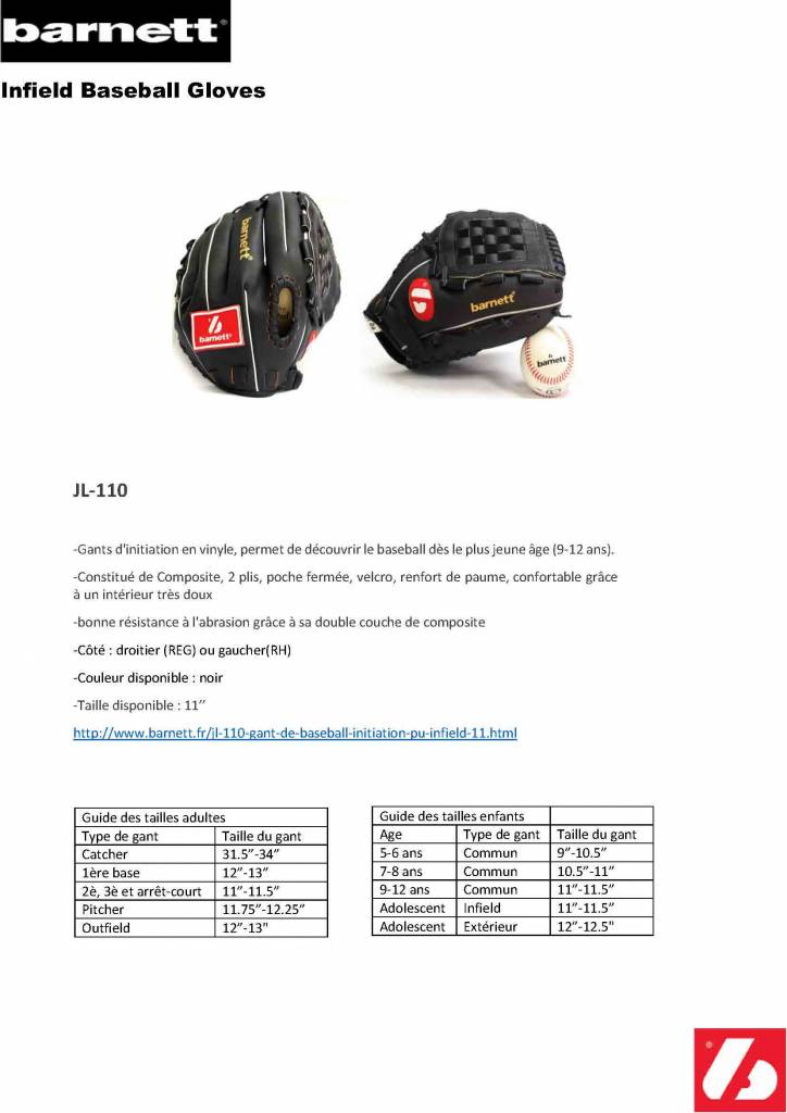 JL-110 gant de baseball Initiation PU Infield 11" Noir