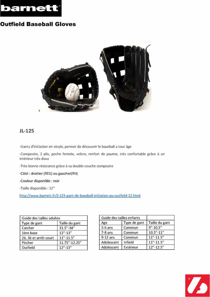 JL-125 GANT DE BASEBALL INITIATION PU OUTFIELD 12.5" NOIR