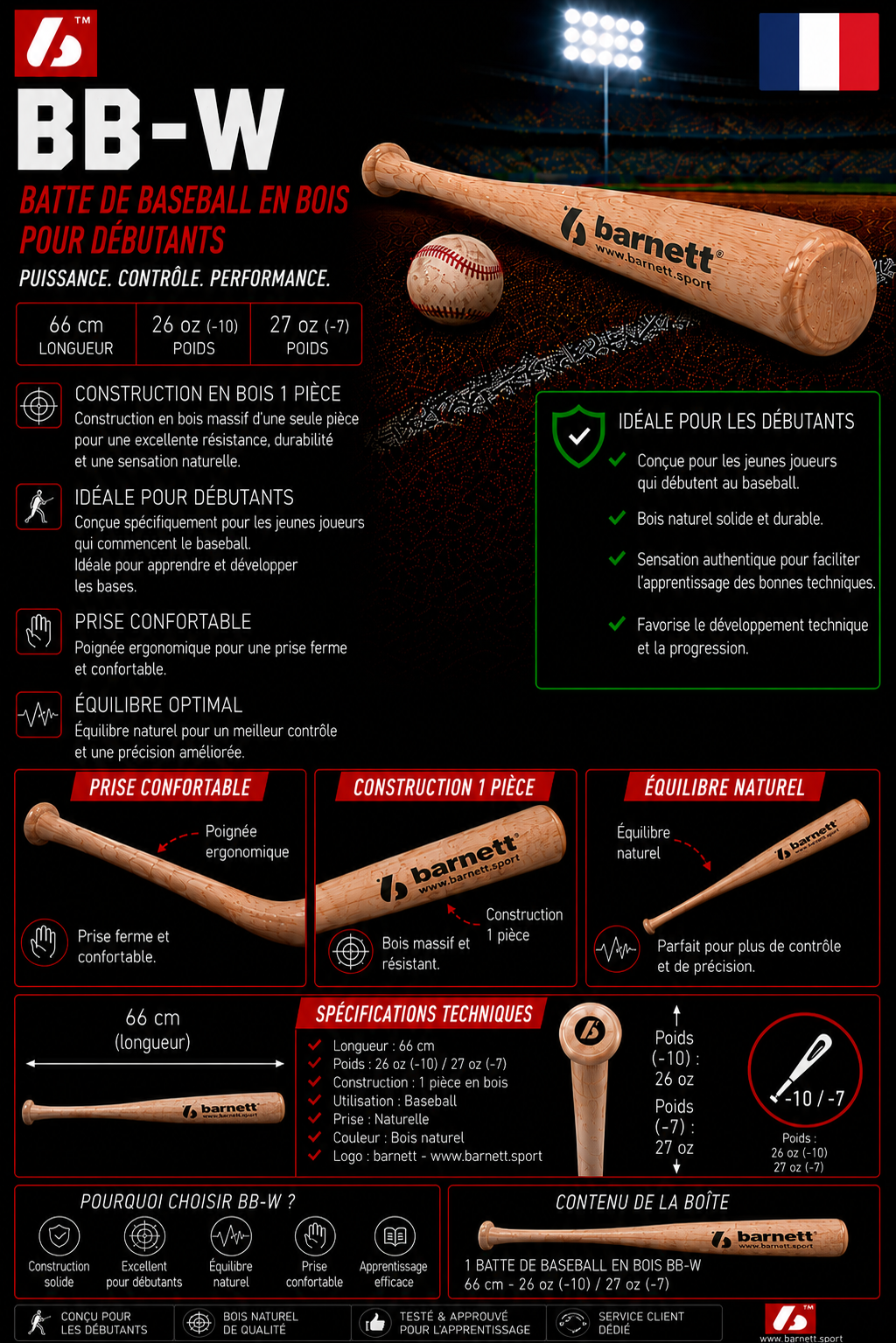 BB-W Batte de baseball initiation en bois -10, -7