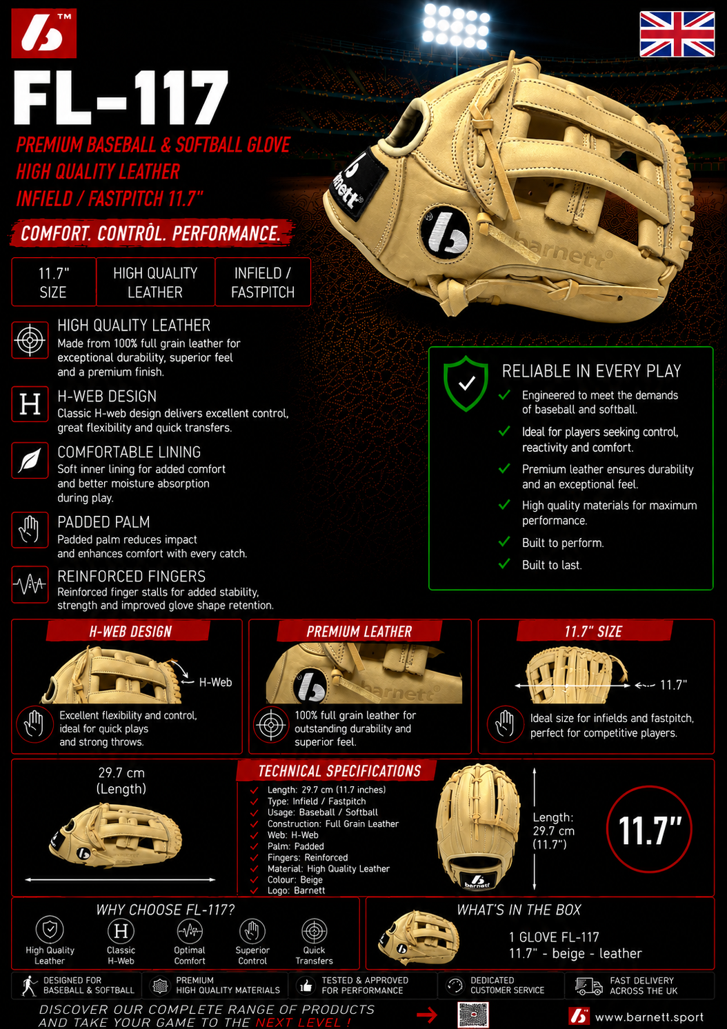 FL-117 Visokokakovostna usnjena rokavica za baseball in softball, za notranje igrišče/hitro igrišče, 11,7" bež