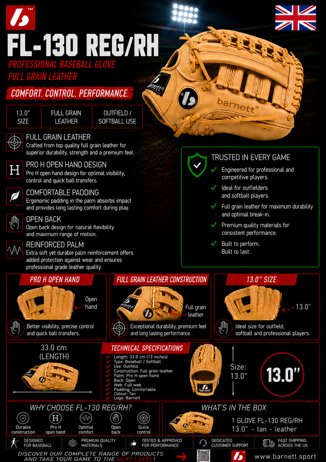 FL-130 Profesionalna baseball rokavica, polnozrnato usnje, zunanje polje, softball, 13", bež