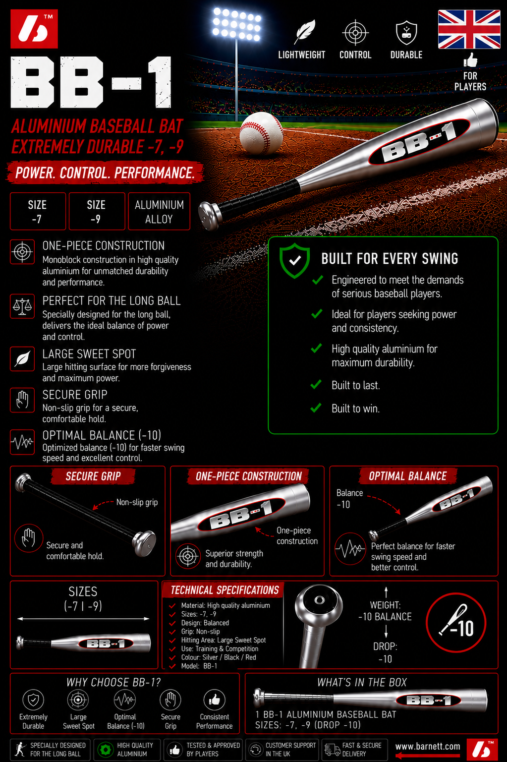 BB-1 Batte de baseball en aluminium très résistante -7, -9