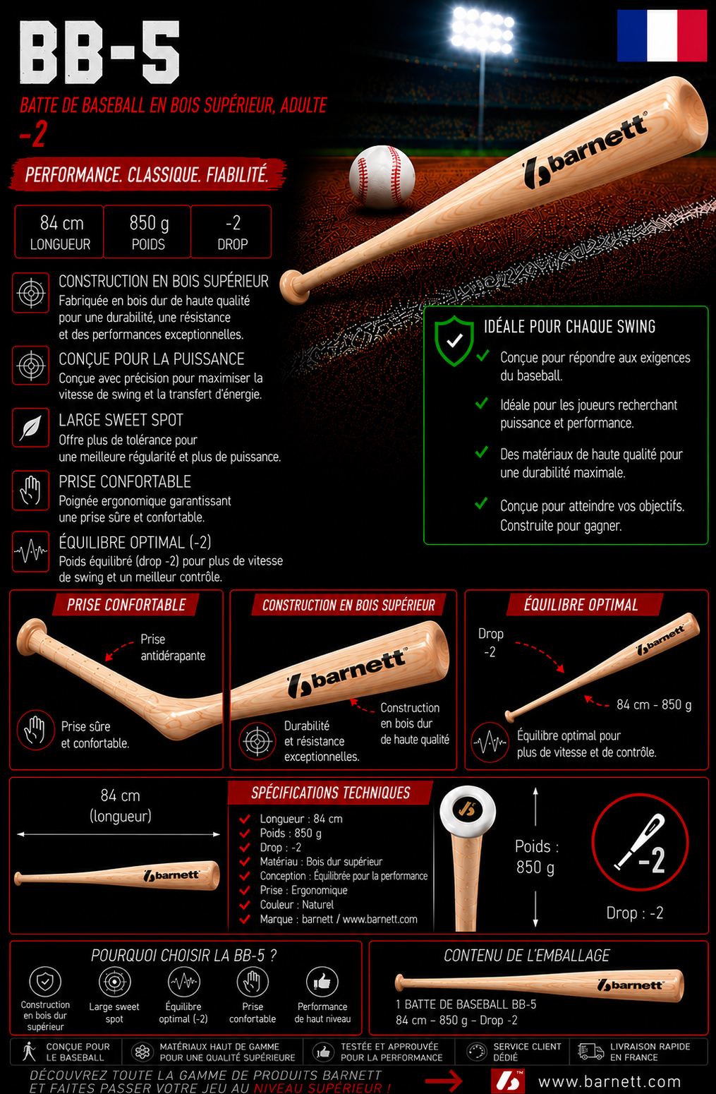 BB-5 Batte de baseball en bois supérieur, adulte -2