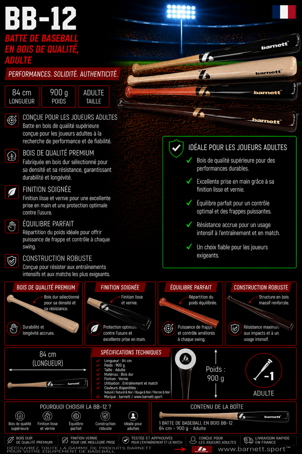 BB-12 Batte de baseball en bois de qualité, adulte