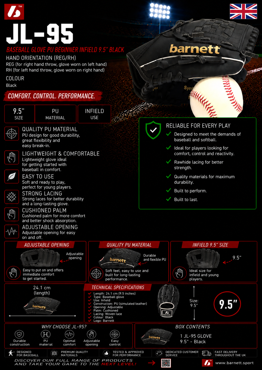 JL-95 GANT DE BASEBALL INITIATION PU INFIELD 9.5" NOIR