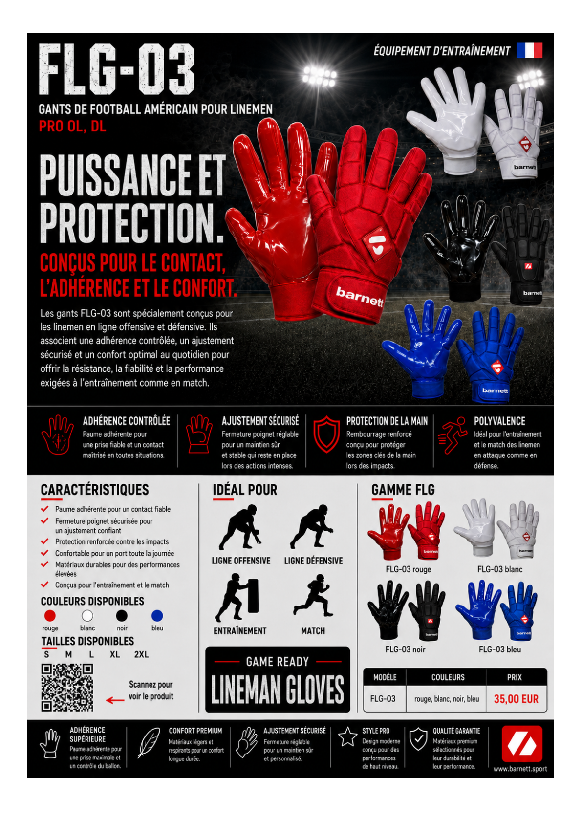 Rękawice do futbolu amerykańskiego FKG-03 Pro Linebacker, LB, RB, TE, białe