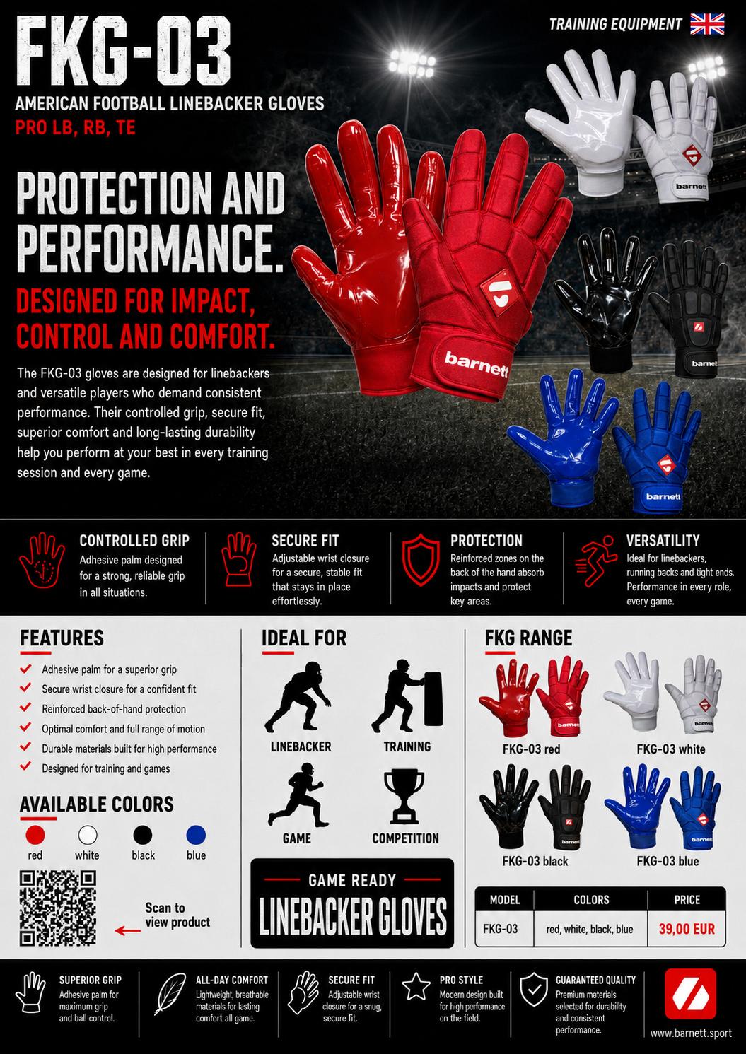 Rokavice za ameriški nogomet FKG-03 Pro Linebacker, LB, RB, TE, rdeče