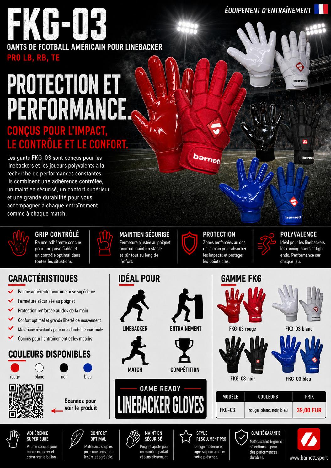 FLG-03 gants de football américain de linemen pro, OL,DL, Blanc