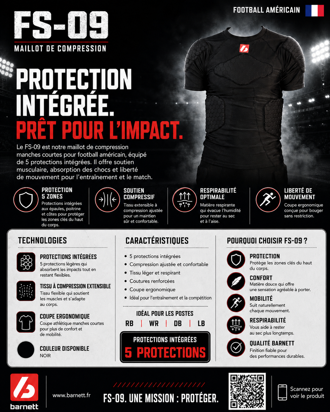 FS-09 T-shirt manches courtes de compression, football américain