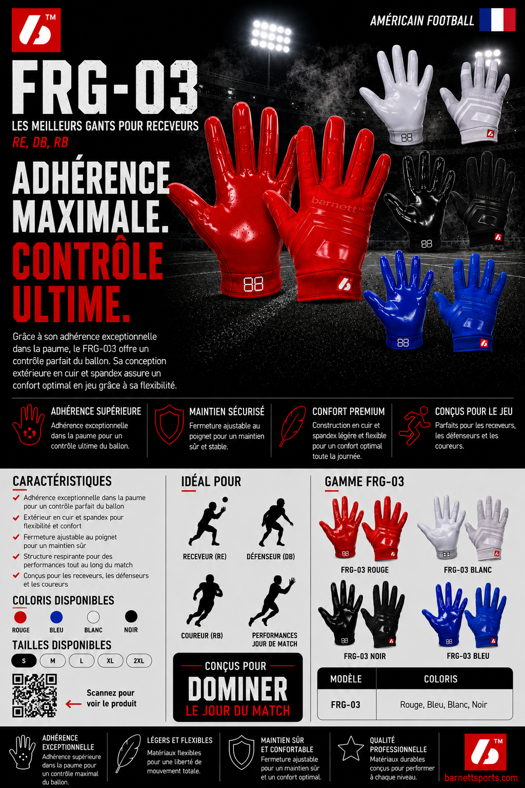 FRG-03 Pro Receiver American Football Handschuhe, RE, DB, RB, Schwarz
