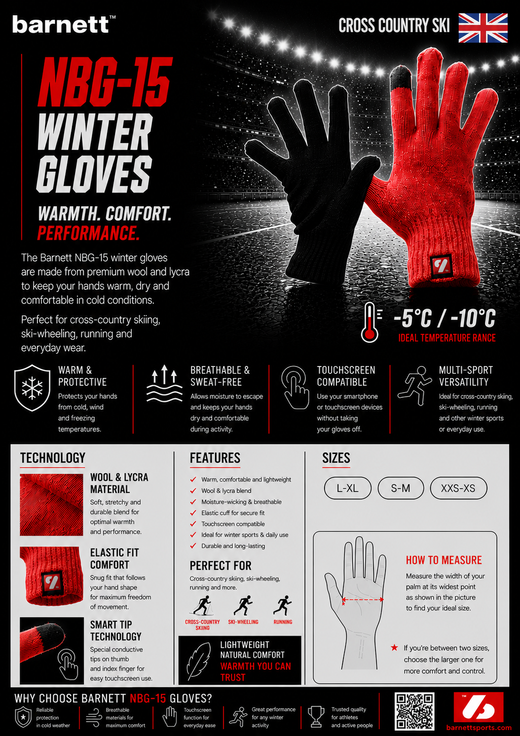 Zimske volnene rokavice NBG-15 - Tek na smučeh - Tek -5° / -10°