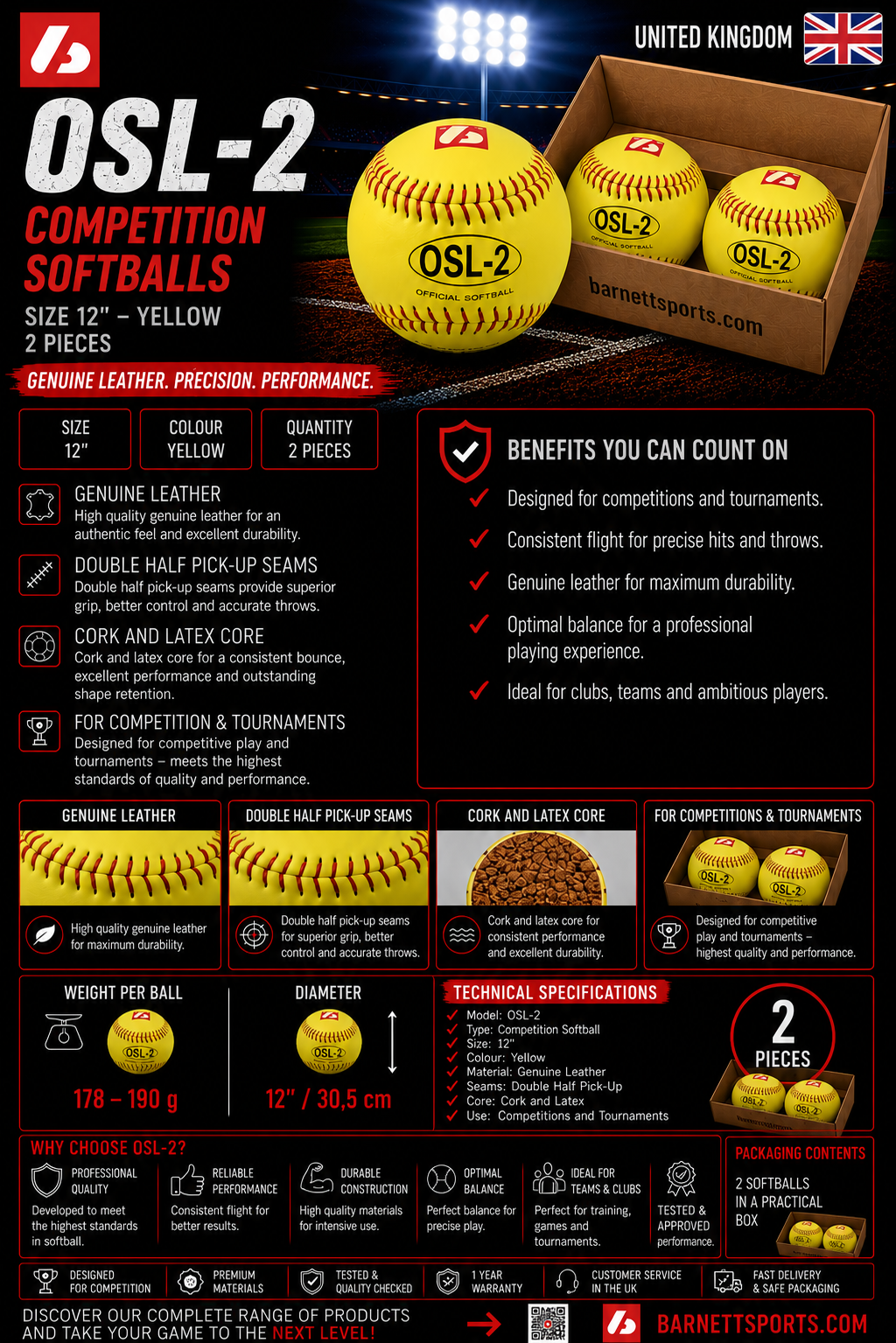 OSL-2 Softball-Wettkampfball, 12'', gelb 2 Stück