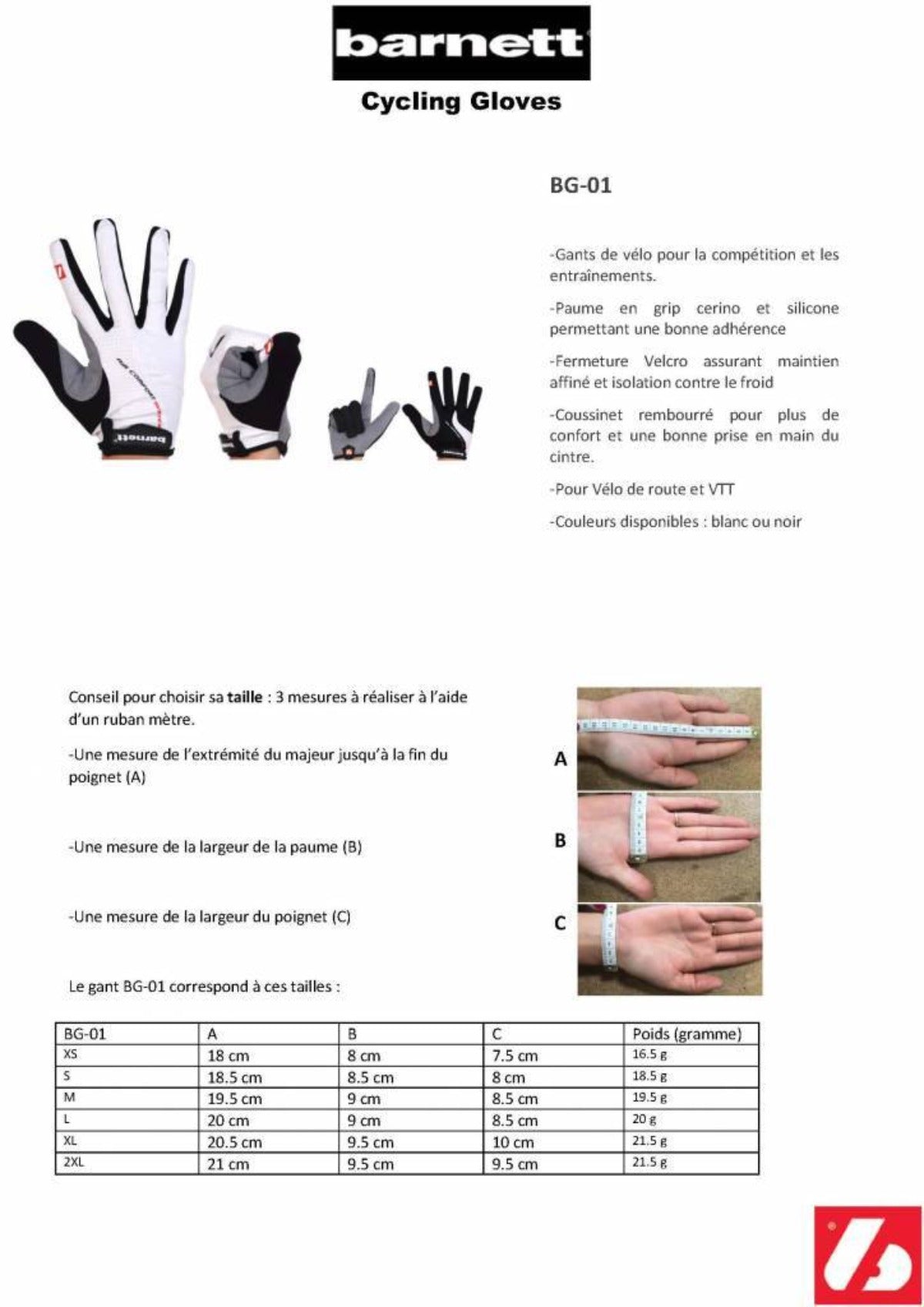 BG-01 Gants de vélo isolants, légers et performants