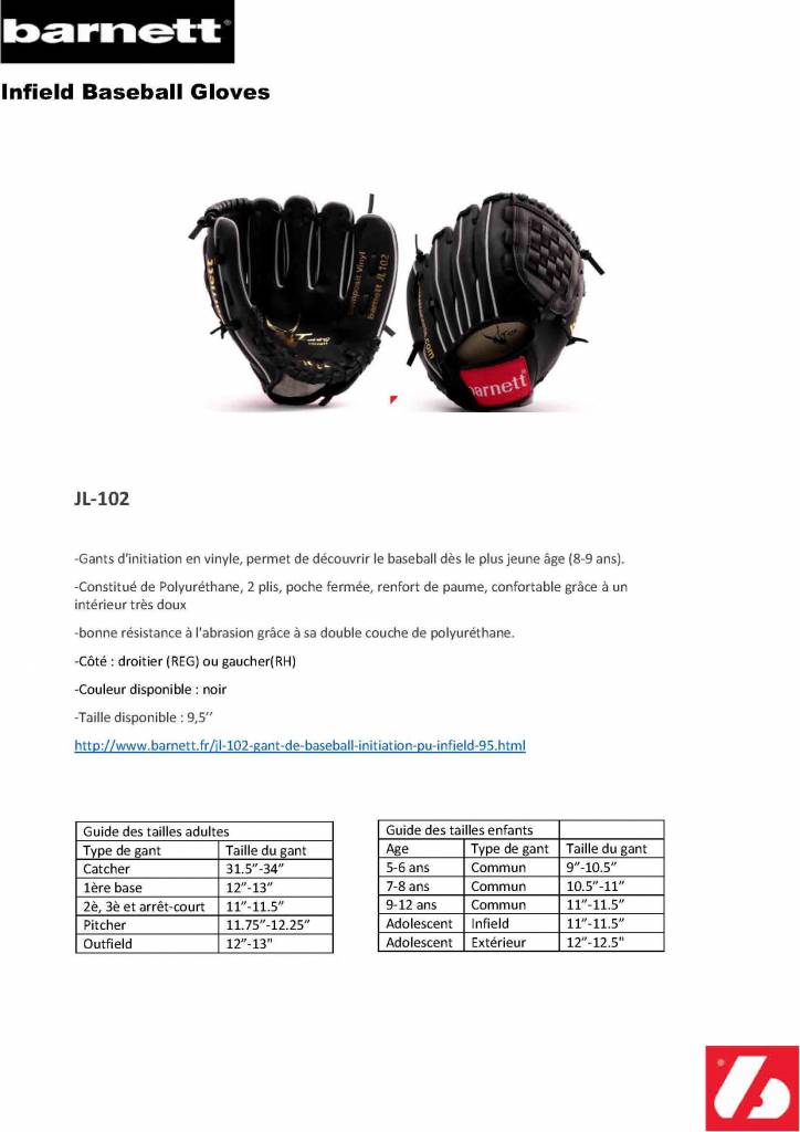 JL-102 Gant de baseball Initiation PU Infield, 10,2", Noir