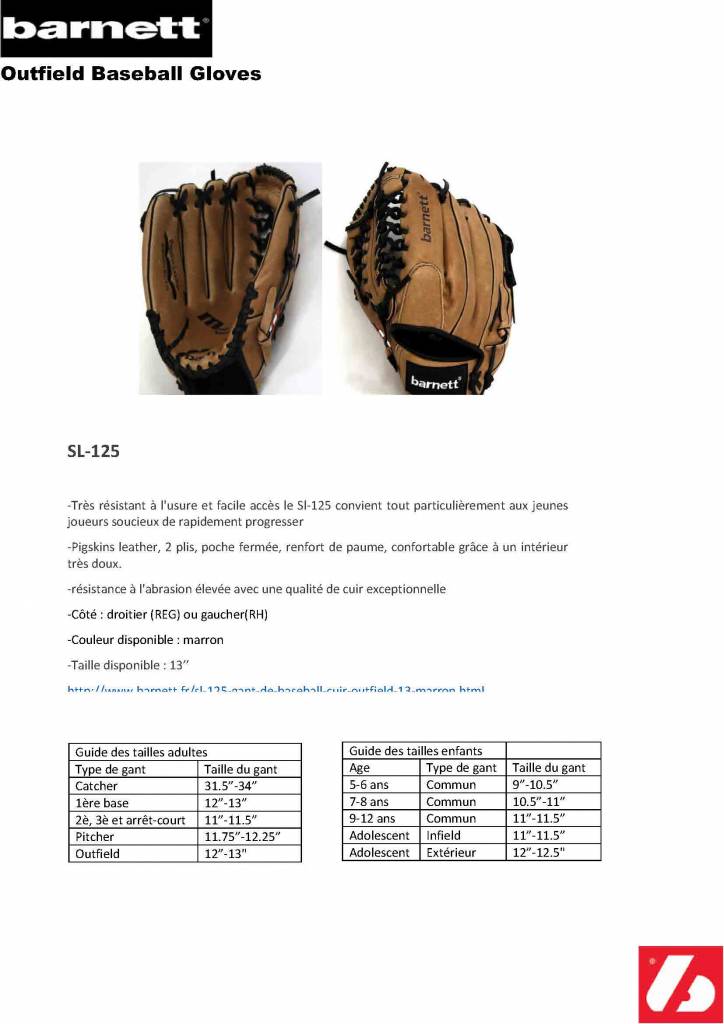SL-125 gant de baseball Cuir Outfield, 12.5", Marron