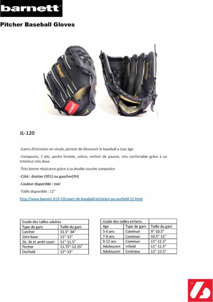 JL-120 Gant de baseball Initiation PU Outfield, 12" Noir